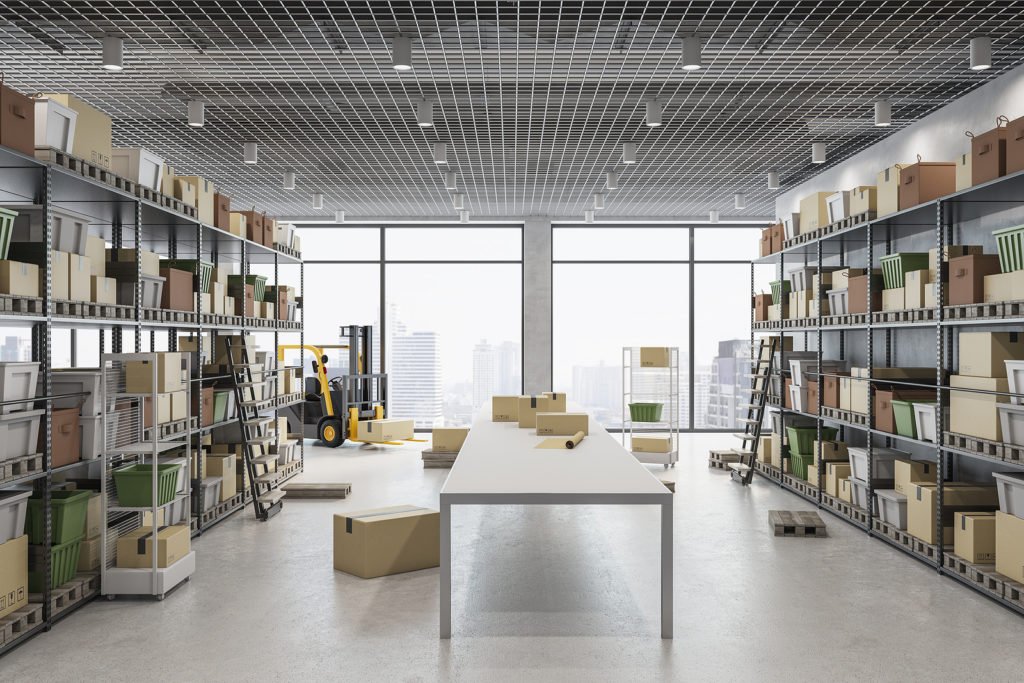 Warehouse with stocked shelving and a forklift in the aisle