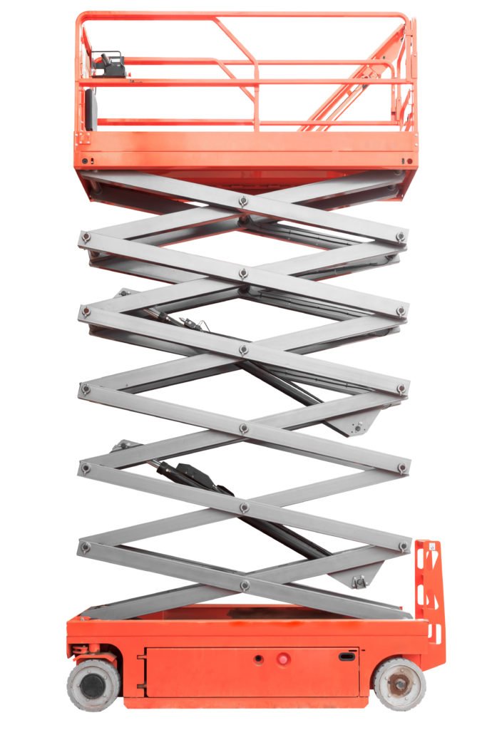 Orange scissor lift extended on a white background