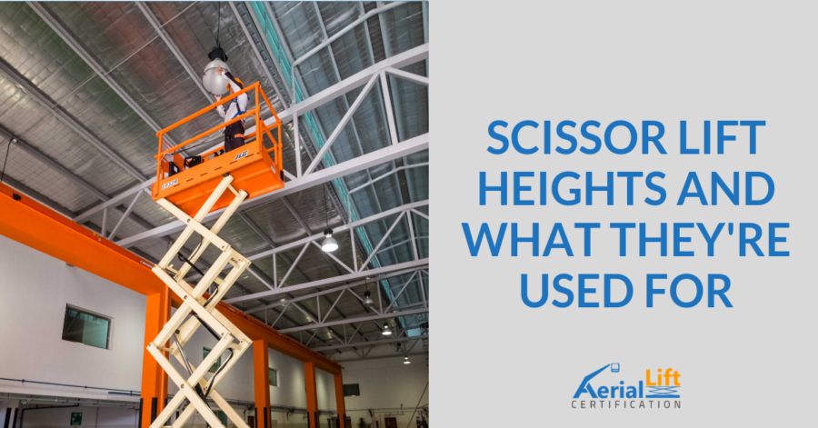 Worker on a raised scissor lift beside the title “Scissor lift heights and what they’re used for”