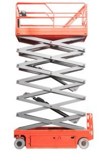 Orange scissor lift extended on a white background