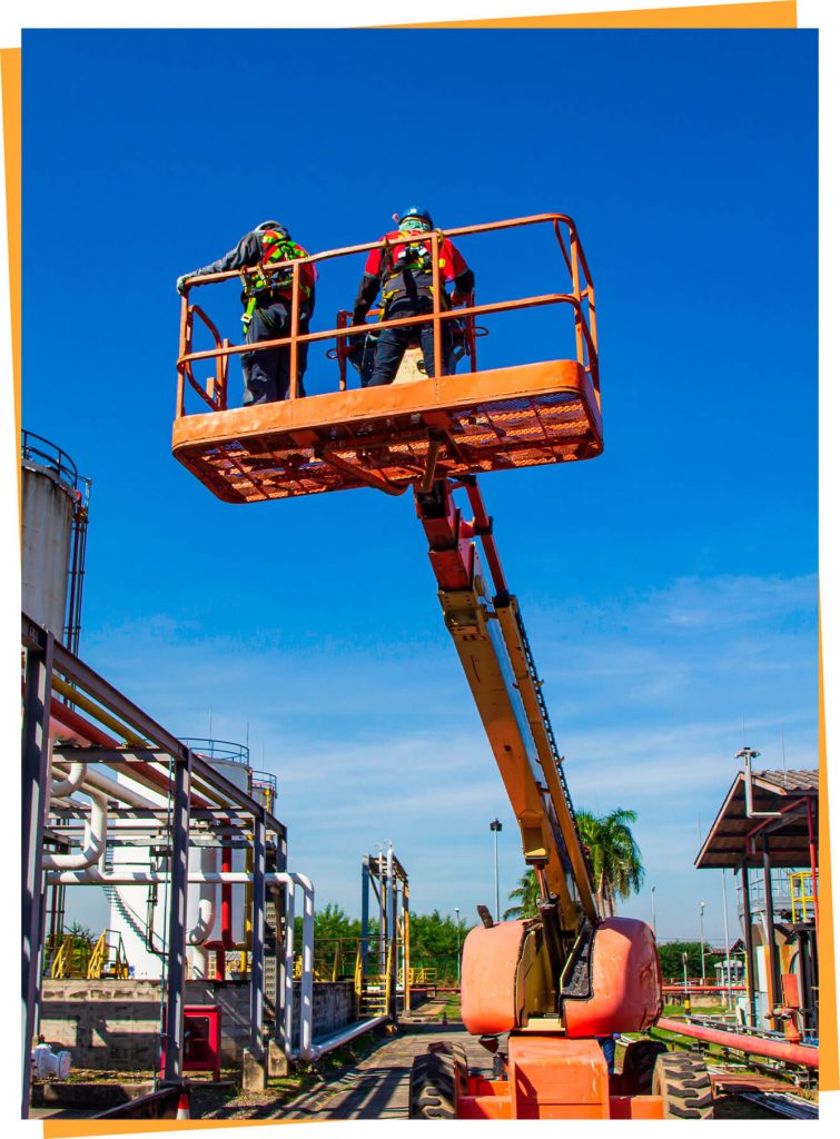 a couple of people that are standing on a crane.