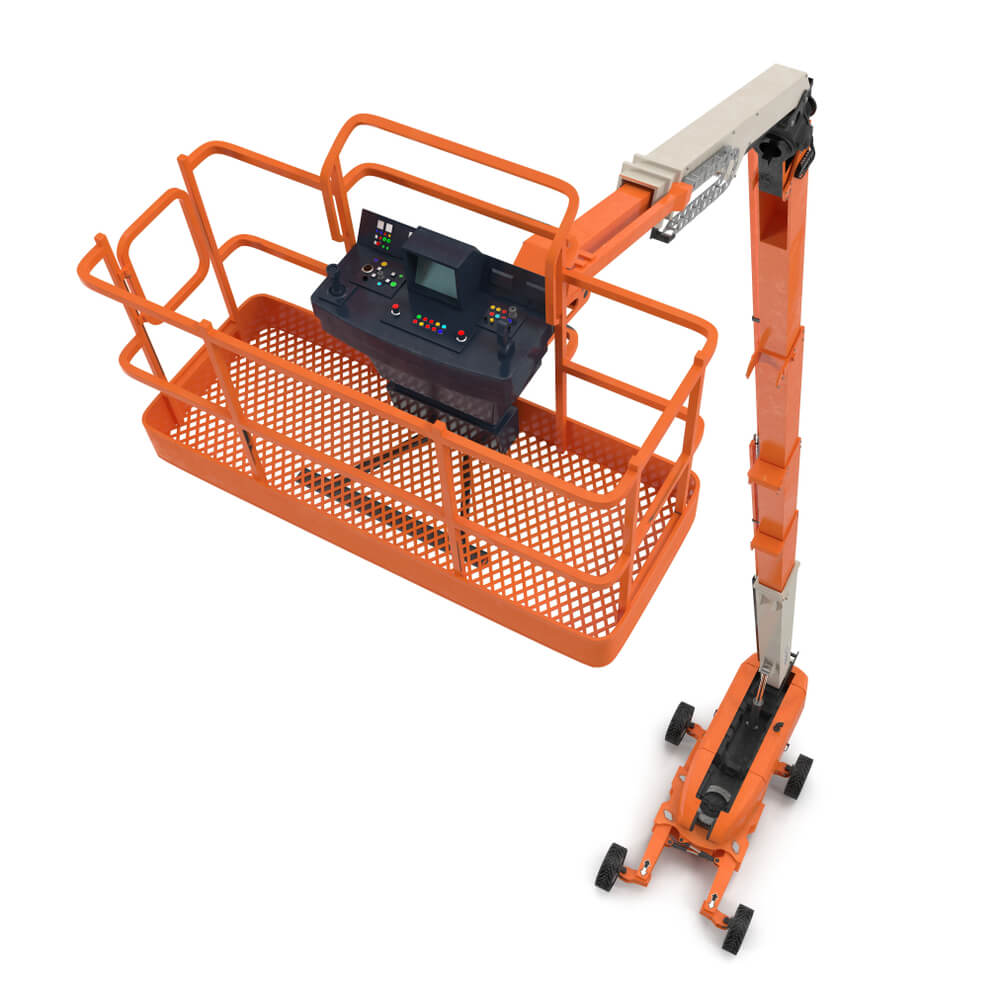 An orange scissor lift on a white background.