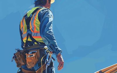 A construction worker wearing a hard hat, safety vest, and tool belt stands on a wooden structure under a clear blue sky.