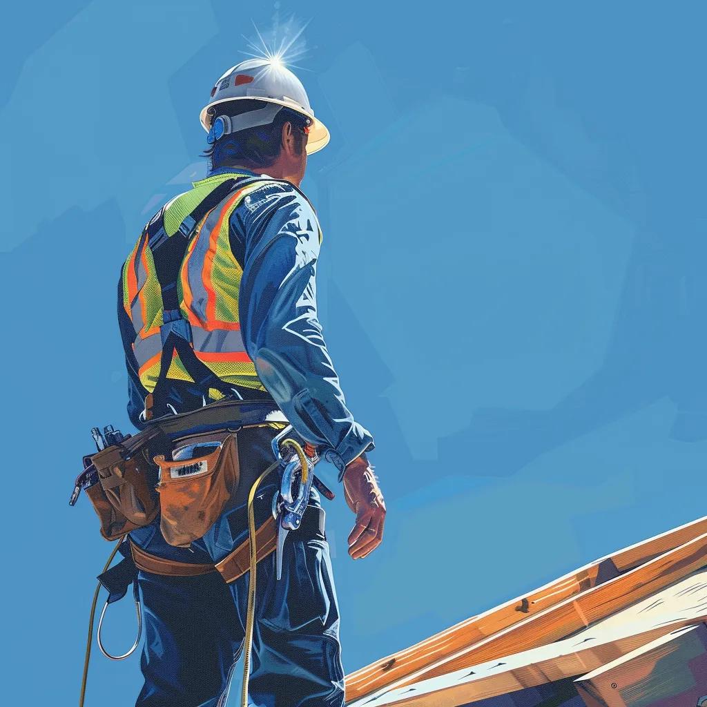 A construction worker wearing a hard hat, safety vest, and tool belt stands on a wooden structure under a clear blue sky.